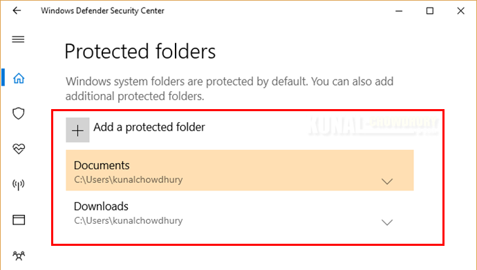 Protected Folders settings in Windows Defender (www.kunal-chowdhury.com) Protected Folders settings in Windows Defender (www.kunal-chowdhury.com)