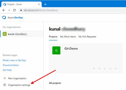 Click the 'Organization settings' link on the VSTS or Azure DevOps home Click the 'Organization settings' link on the VSTS or Azure DevOps home