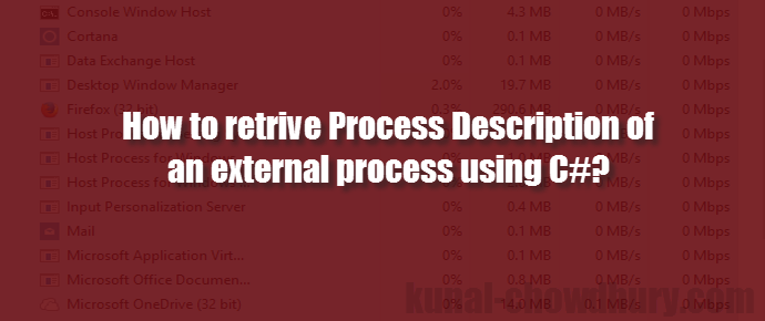 How to get the Process Description of an external process using C#? (www.kunal-chowdhury.com) How to get the Process Description of an external process using C#? (www.kunal-chowdhury.com)