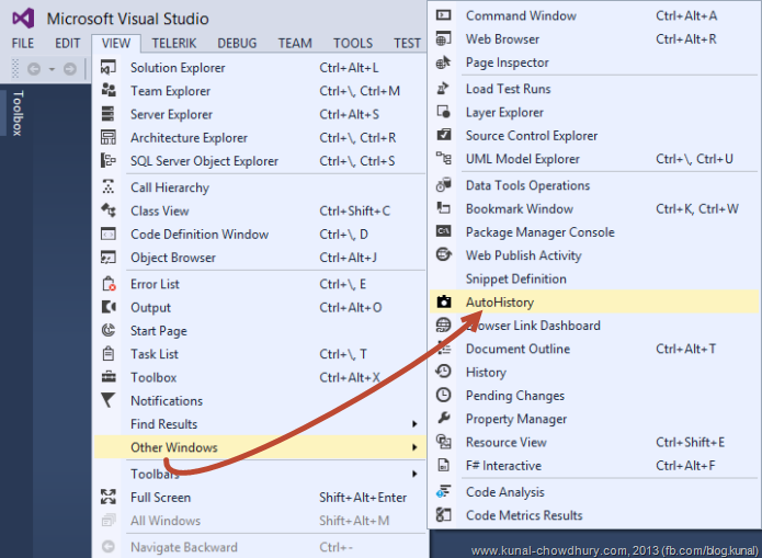 How to open the Auto History pane in Visual Studio 2013 How to open the Auto History pane in Visual Studio 2013