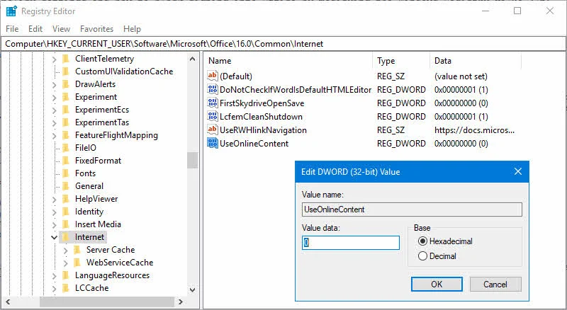 Registry settings to set the UseOnlineContent value to block signing into Office 365 Registry settings to set the UseOnlineContent value to block signing into Office 365