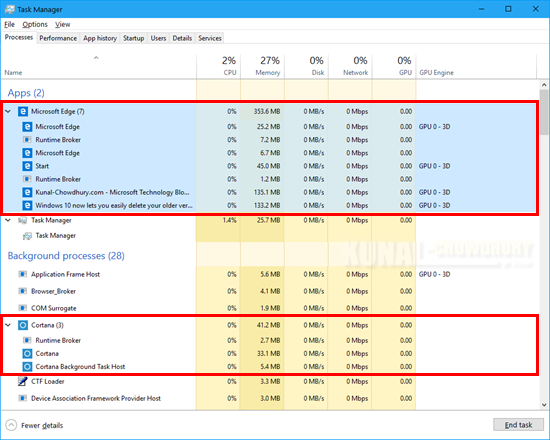 Windows 10 Fall Creators Update to add Grouped Processes in Task Manager (www.kunal-chowdhury.com) Windows 10 Fall Creators Update to add Grouped Processes in Task Manager (www.kunal-chowdhury.com)