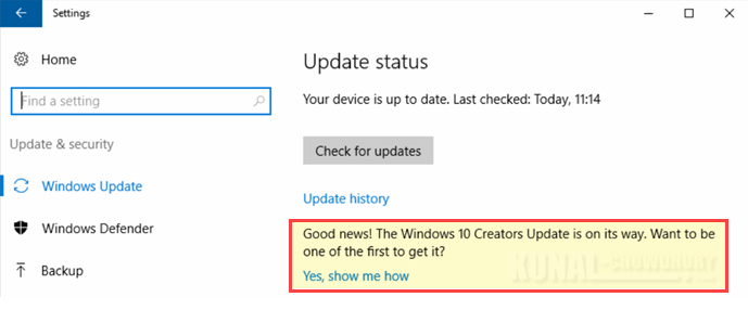 Windows 10 'Update Settings' page started showing promotional message for next major update (www.kunal-chowdhury.com) Windows 10 'Update Settings' page started showing promotional message for next major update (www.kunal-chowdhury.com)